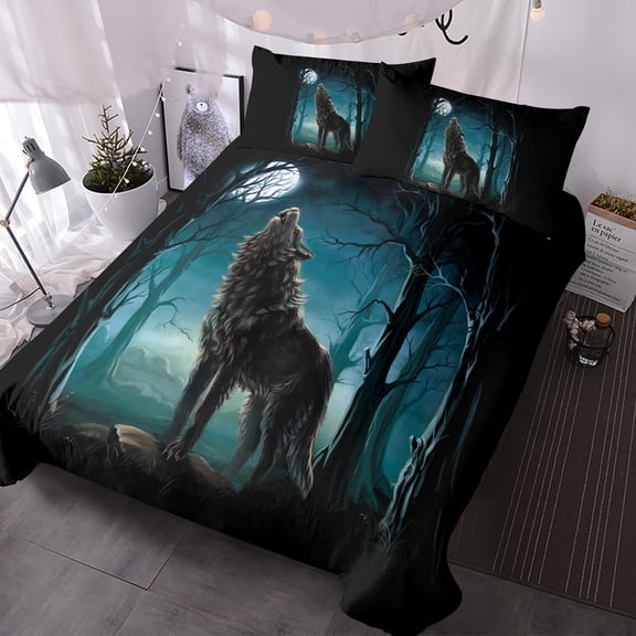 FENGFAN 3Pcs Wolf Duvet Cover Set, Twin Size Watercolor Forest Bedding, Soft Microfiber, Green
