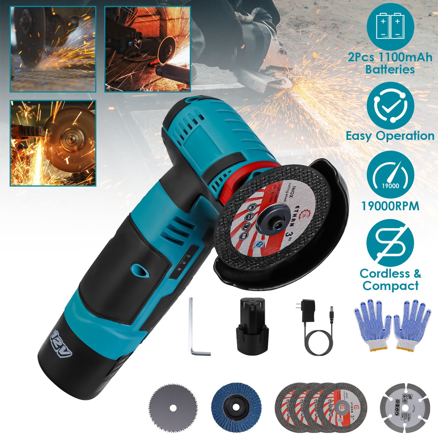 FENGFAN 3in Cordless Mini Angle Grinder, 19000RPM 12V Rechargeable Grinder Tool Kit for Cutting Polishing