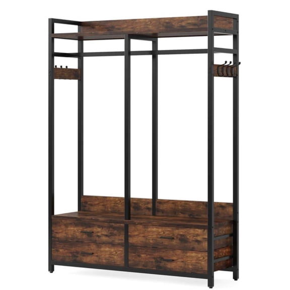 FENGFAN 47.24 Inch Industrial Open Clothes Garment Rack, Rustic Wood with Black Metal Frame, 4 Drawers Storage & Side Hooks, 1 Pack