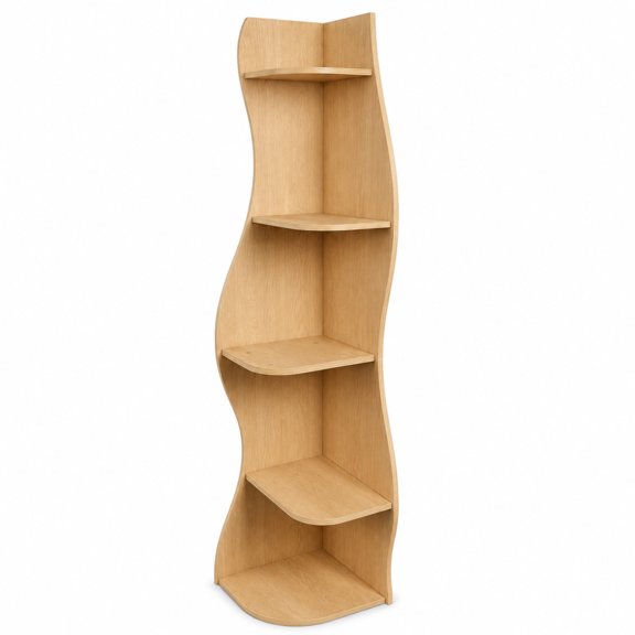 FENGFAN 5 Tier S Shaped Corner Shelf Modern Freestanding Curved Display Rack Corner Bookshelf Plant Stand Natural Wood 1 Pack