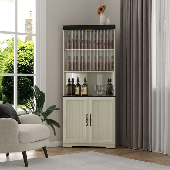 FENGFAN 5 Tiers Corner Wine Storage Cabinet Tempered Glass Door MDF White 30.35x70.86x16.92 in 1 Pack