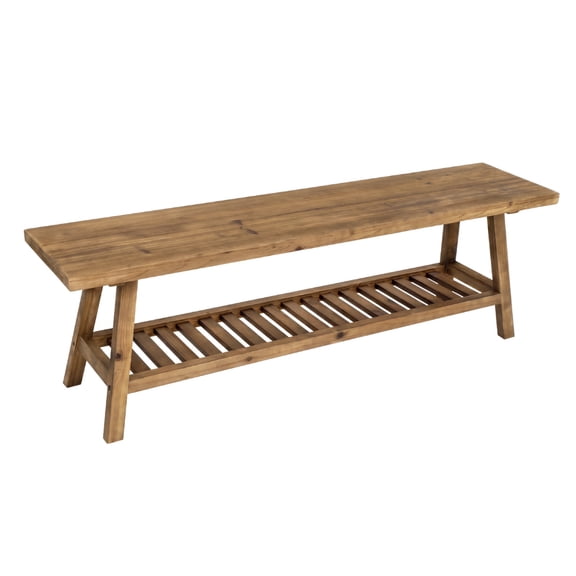 FENGFAN 55 inch Farmhouse Wood Bench 2 Tier Entryway Bench Cedar Frame Open Storage Shelf 1 Pack