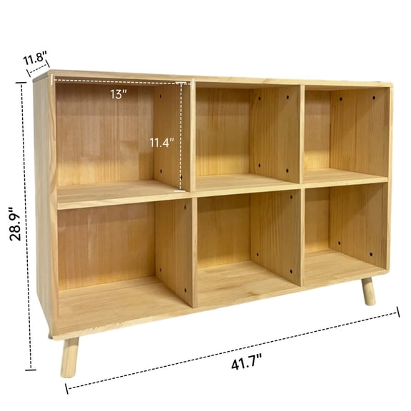 FENGFAN 6 Cube Freestanding Open Bookshelf, Solid Pine Natural Wood Storage Organizer, 41.6511.8128.86 Inch, 1 Pack