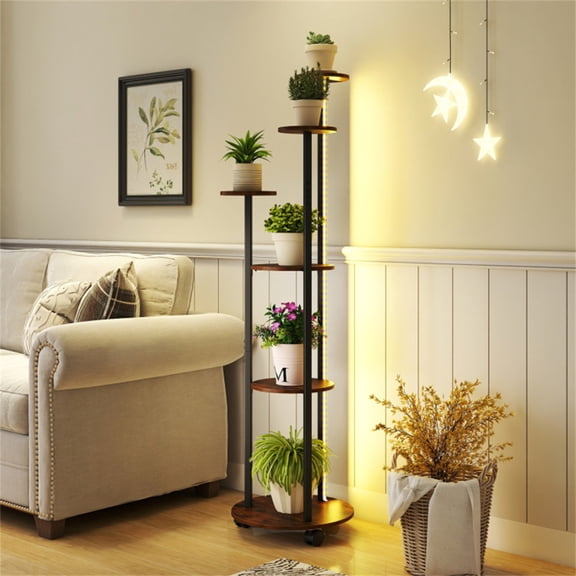 FENGFAN 6-Tier Plant Stand with RGB Light Strip, APP & Remote Control Metal Wood Plant Shelf, Rustic Brown Mobile Display Rack for Indoor Home Decor, 1 Pack