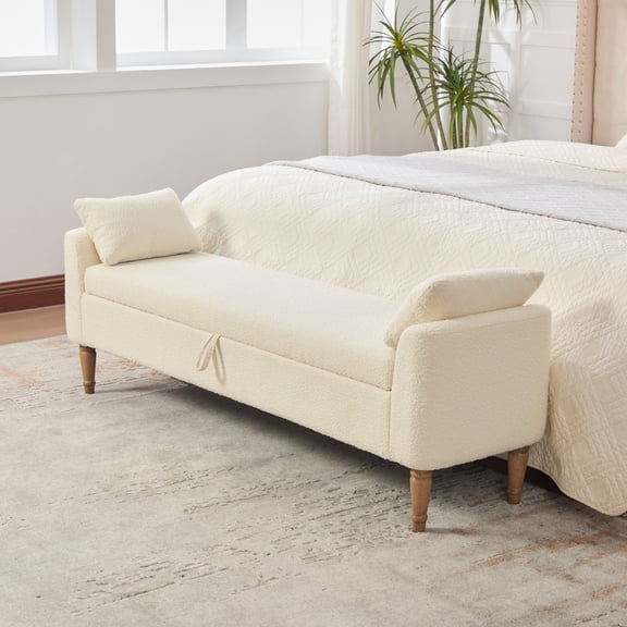 FENGFAN 65.94 Inch Upholstered Boucle Polyester Storage Bench With Armrest Rubberwood Legs Beige 1 Pack