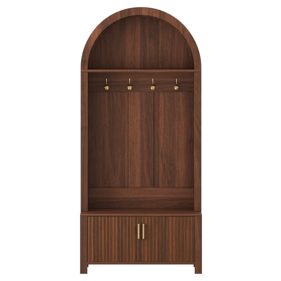 FENGFAN 70.3 Inch Walnut Farmhouse Arched Top Hall Tree Bench 4 Metal Hooks 2 Fluted Door Shoe Storage 1 Pack