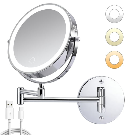 FENGFAN 8 Inch Rechargeable Wall Mounted Makeup Mirror Double Sided 1X 10X LED Lighted Foldable Iron Vanity Mirror 1 Pack
