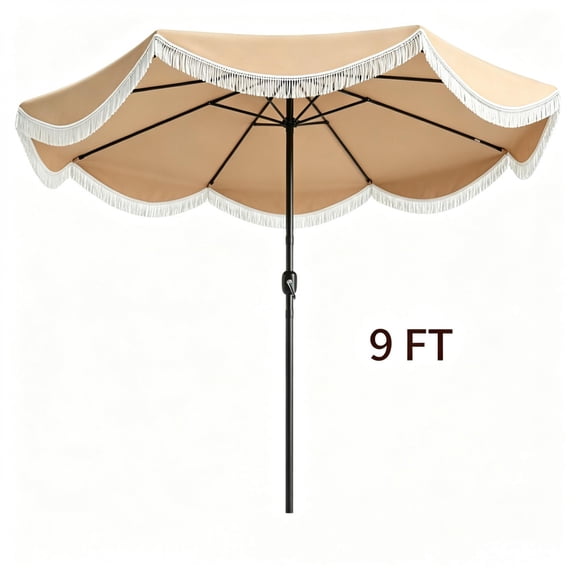 FENGFAN 9 ft Boho Patio Umbrella with Tassel Fringe 30 Tilt Crank Vent Metal Frame 1 Pack