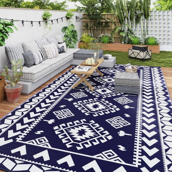 FENGFAN 9' x 18' Reversible Outdoor Patio Rug Plastic Straw Waterproof Blue White with Carry Bag