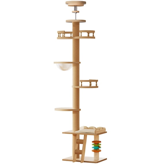 FENGFAN Adjustable Height Floor-To-Ceiling MDF Cat Tree, Sisal Scratching Post Bubble Window Cat Tower 1 Pack