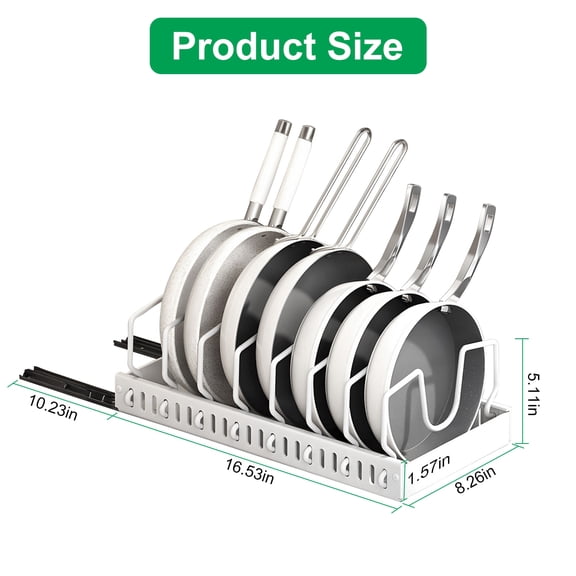 FENGFAN Adjustable Pull Out Carbon Steel Cookware Storage Rack 8 Dividers Drill-Free Anti-Rust 44LBS Capacity White 1 Pack