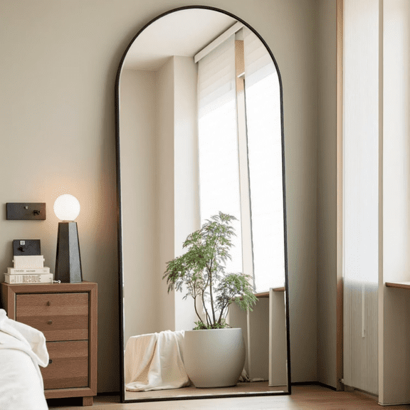 FENGFAN Arched Full Length Mirror 3 Ways Freestanding Wall Mount Leaning Full Body Floor Mirror Black Aluminum Alloy Frame 71"x26" 1 Pack