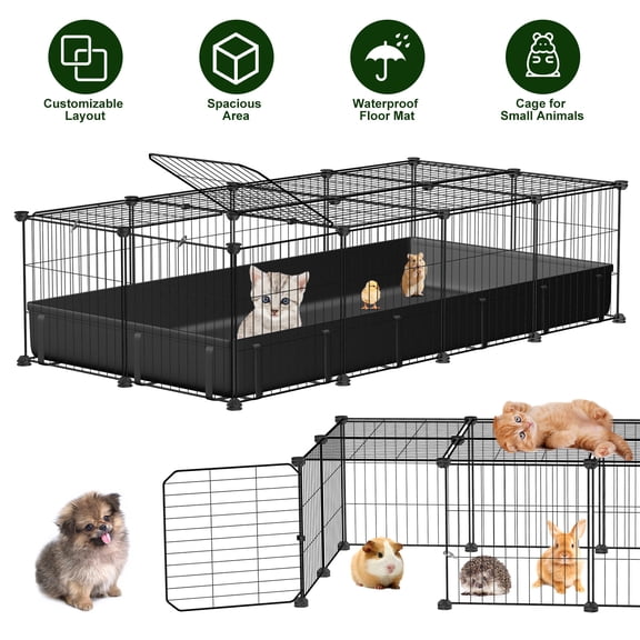FENGFAN Black Modular Metal Small Pet Exercise Pen DIY Multi Shape Enclosure with Waterproof Oxford Mat 1 Pack