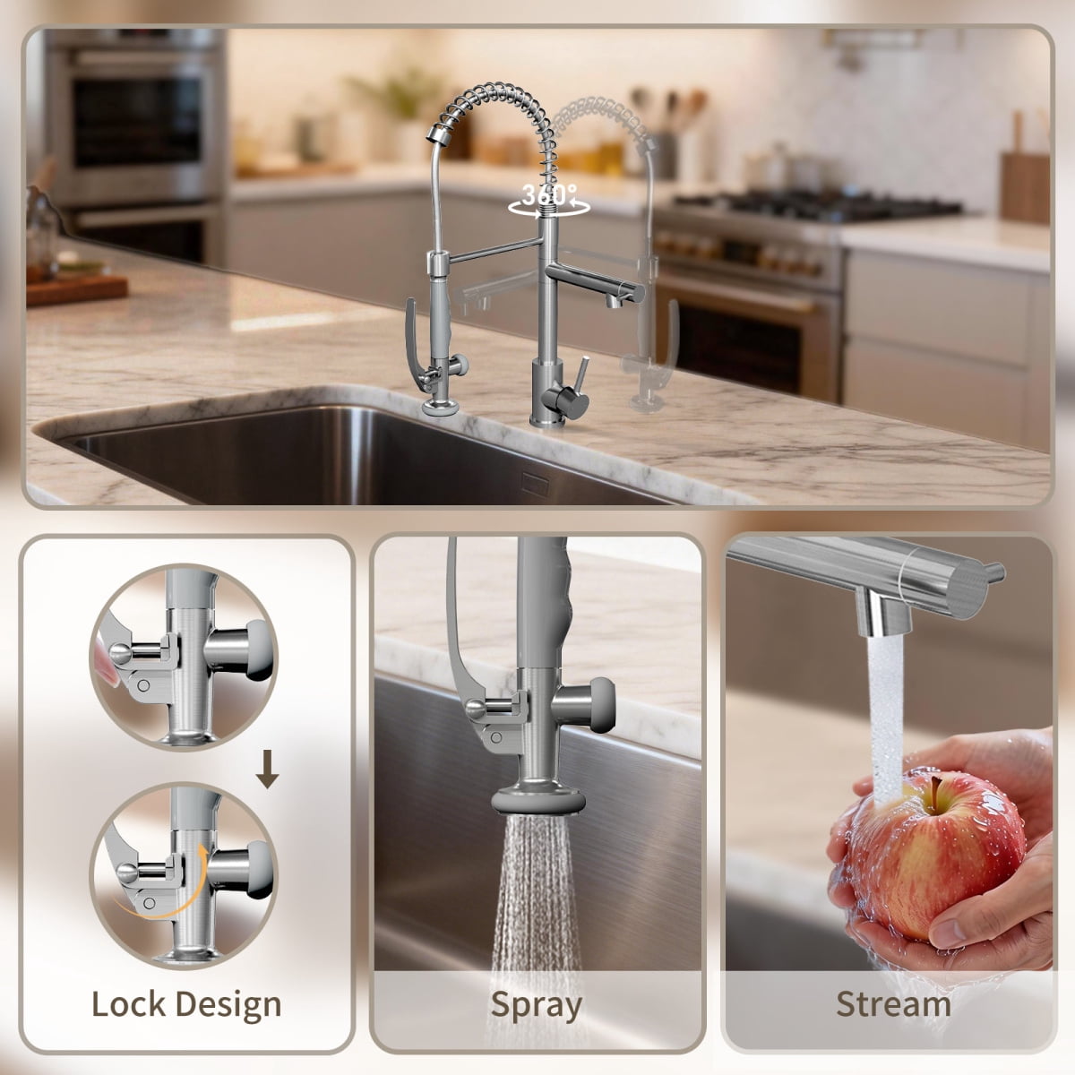 FENGFAN Brushed Nickel Commercial Pull Down Kitchen Faucet, 360 °   Swivel Single Handle Faucet with Pot Filler, 1 Pack
