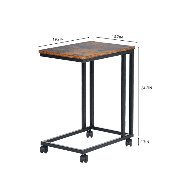 FENGFAN C-Shaped End Table With Rolling Wheels Brown Mobile Sofa Side Bedside Accent Table 1 Pack