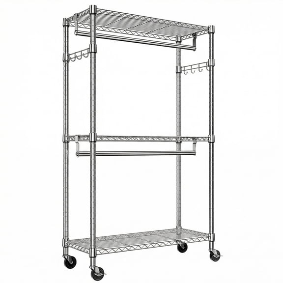 FENGFAN Chrome 3 Tier Adjustable Carbon Steel Rolling Garment Rack 2 Hanging Rods Side Hooks 29.5×15.7×74.5Inch 1 Pack