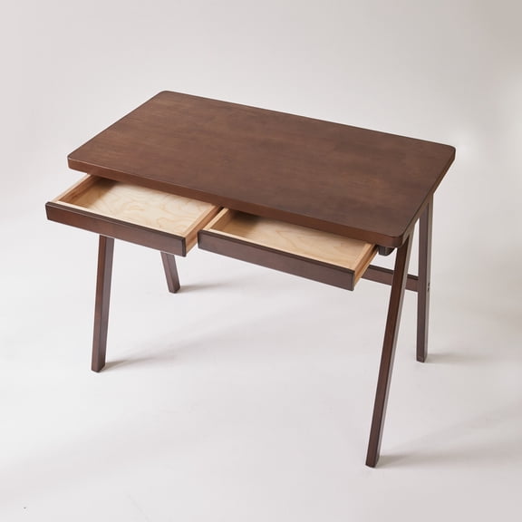 FENGFAN Classic Rectangular Writing Desk 100% Solid Rubber Wood Walnut Finish A-Frame Leg Drawer Ergonomic 39.37x21.65 Inch 1 Pack