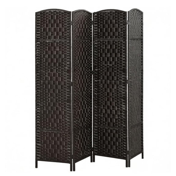 FENGFAN Coffee 4 Panel Room Divider 70.9 Inch Tall Arched Wicker Paper Rope Partition Poplar Wood Frame Portable Folding Privacy Screen Single Pack