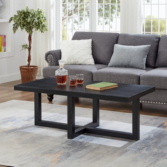 FENGFAN Contemporary Rectangular Coffee Table Black Engineered Hardwood MDF Cross Base Living Room Tea Table