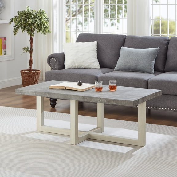 FENGFAN Contemporary Rectangular Coffee Table Faux Concrete White Engineered Hardwood MDF Cross Base Living Room Tea Table