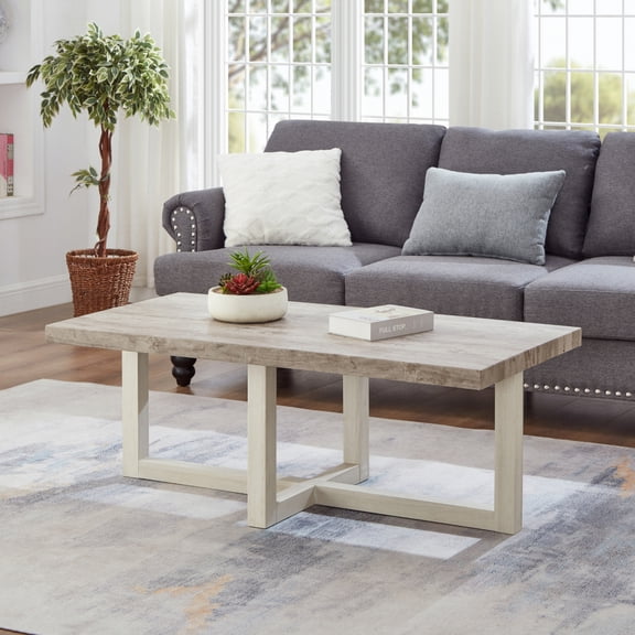 FENGFAN Contemporary Rectangular Coffee Table Weathered Gray Beige Engineered Hardwood MDF Cross Base Living Room Tea Table