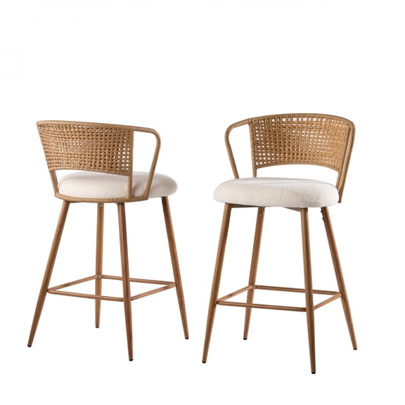 FENGFAN Counter Bar Stools Set of 2 Rattan Backrest Linen Upholstered Metal Leg Mid-Century Boho Kitchen Island Chairs Cream Single Pack