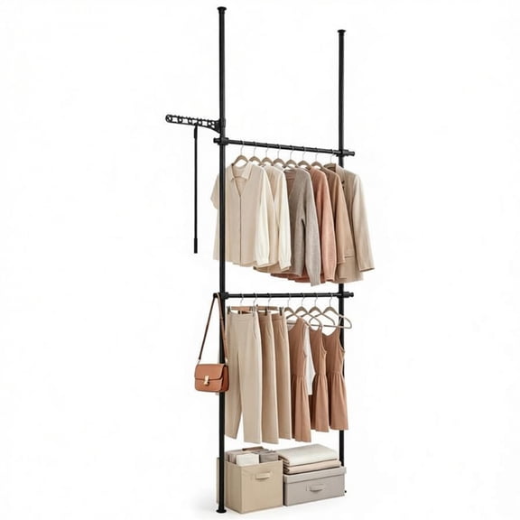 FENGFAN No Drill Floor to Ceiling Tension Clothes Rack Heavy Duty Carbon Steel Adjustable Closet Organizer with Drying Rack & Reacher Pole Black Metal 1 Pack