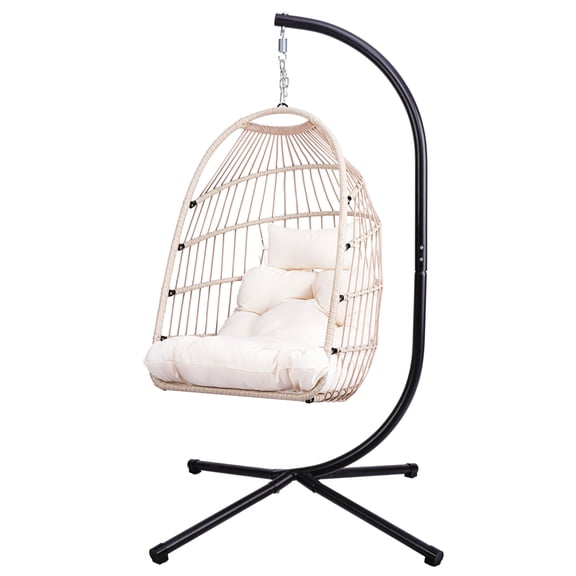 FENGFAN Foldable White HDPE Rattan Hanging Egg Chair With Stand Pillow Heavy Duty Aluminum Steel Frame 350 Lbs Single Pack