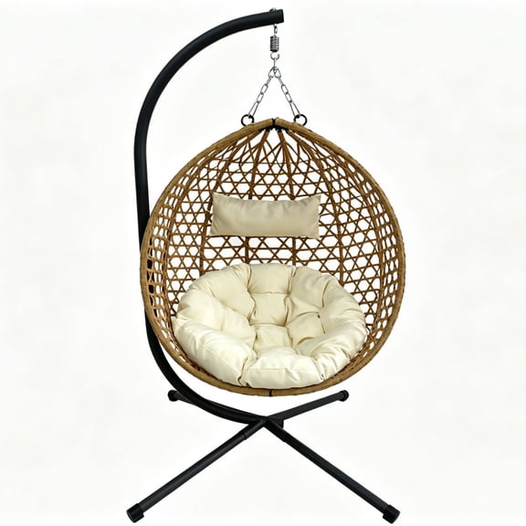 FENGFAN Folding PE Rattan Hanging Egg Chair Beige Yellow HDPE Aluminum Steel Frame 1 Pack