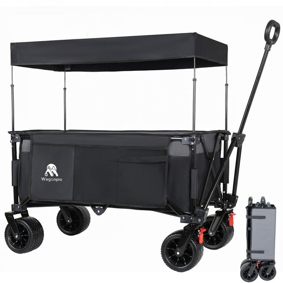 FENGFAN Folding Wagon Cart Removable Canopy 7"x4" All-Terrain Wheels 480LBS 120L 600D Oxford Single Pack Black Gray