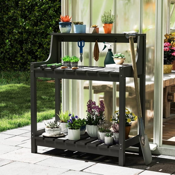 FENGFAN Grey HDPE Outdoor Potting Bench All Weather Garden Potting Table Multi-Tier Storage Ergonomic Height Patio Plant Workstation