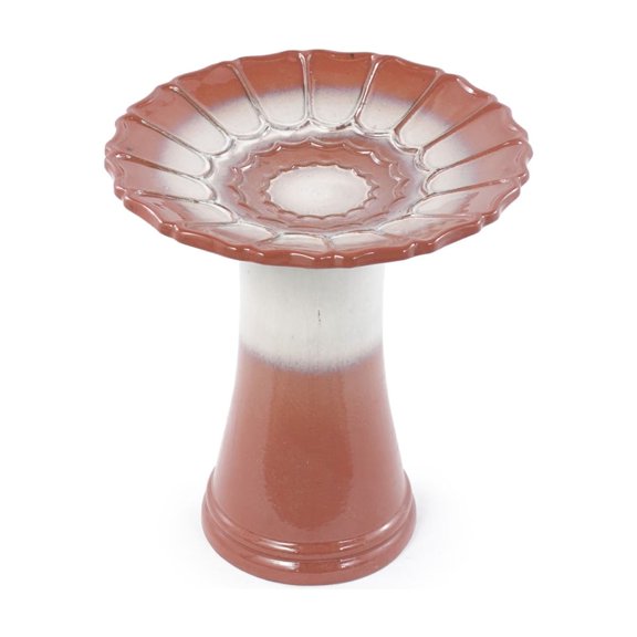 FENGFAN Handmade Glazed Ceramic Bird Bath Rust Red Off-White Gradient 17 Inch Scalloped Tray 18 Inch Pedestal Base 1 Pack