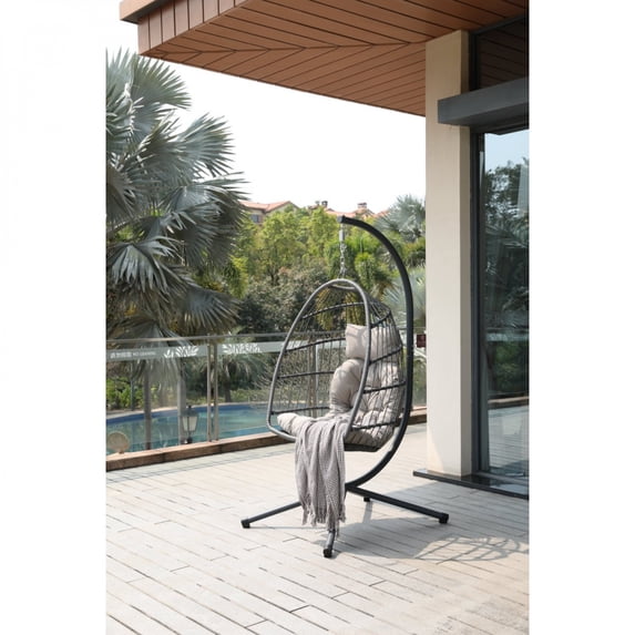 FENGFAN Ivory Egg Chair with Stand Foldable Wicker Hanging Swing Chair Indoor Outdoor 350lbs Capacity 1 Pack