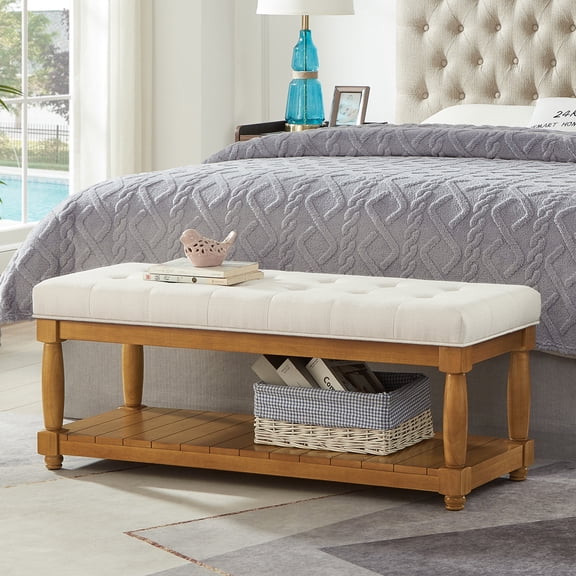 FENGFAN Ivory Tufted Linen Upholstered Storage Bench Poplar Spindle Wood Legs 1 Pack