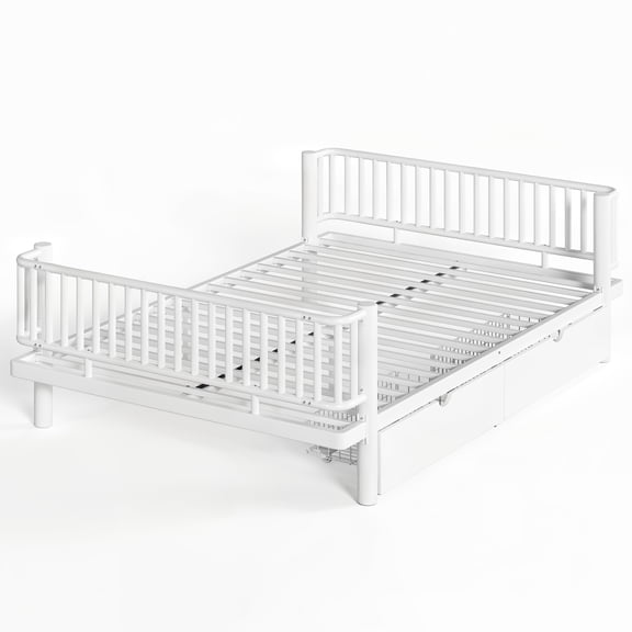 FENGFAN Light White Queen Size Low Profile Platform Bed Frame MDF Metal Round Pipe Design with Storage Drawers No Box Spring Needed Bedroom Daybed