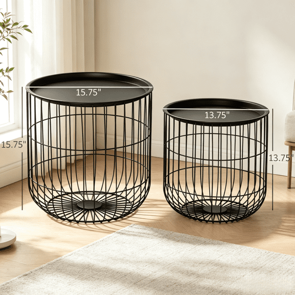 FENGFAN Modern Bird Cage Wire Frame Nesting Round Accent Coffee Side Table Set Removable Top Powder Coated Steel Black 2 Pack