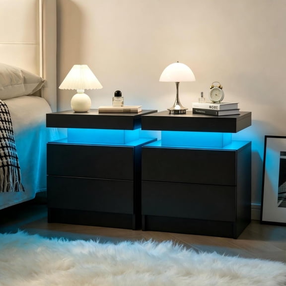 FENGFAN Modern LED Nightstands Set Of 2 Black Particle Board 2 Drawers Adjustable LED Light Storage Bedside End Table