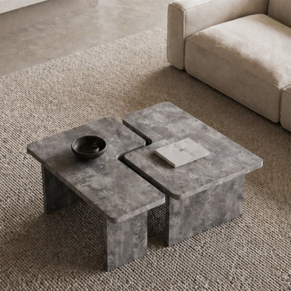 FENGFAN Modular Nesting Coffee Table Set Faux Concrete MDF Slab Legs Slate Gray