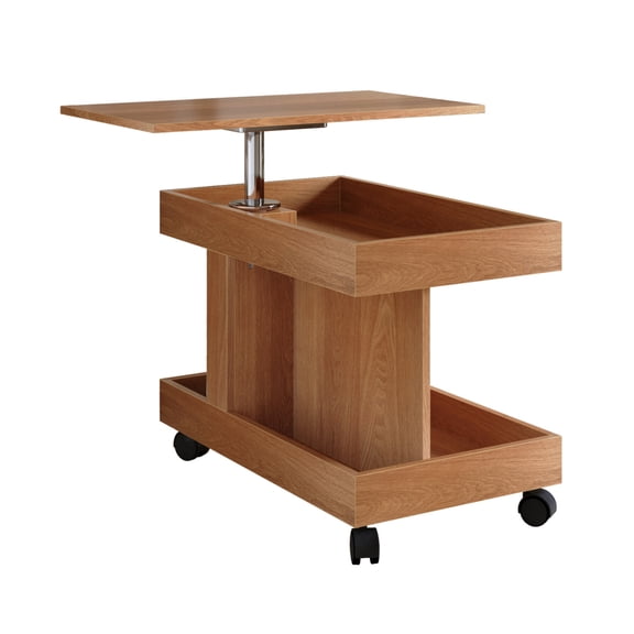 FENGFAN Natural Rolling Side Table Height Adjustable 360° Rotating Top 2 Tier Storage Lockable Wheels Single Pack