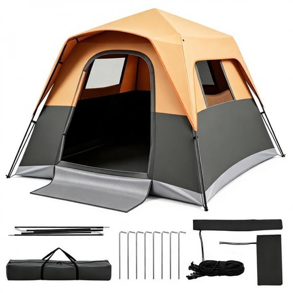 FENGFAN Orange Light-Blocking Cabin Camping Tent 9x9x6ft Waterproof UPF50+ Polyester Fiberglass Frame Single Pack