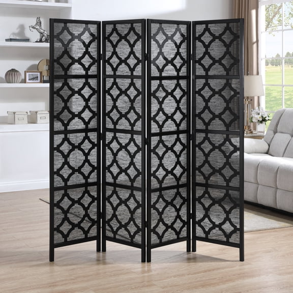 FENGFAN Quarterfoil Diamond 4-Panel Black Room Divider, Solid Pine Wood & Rice Paper, 69.4×70.3 Inch, 1 Pack