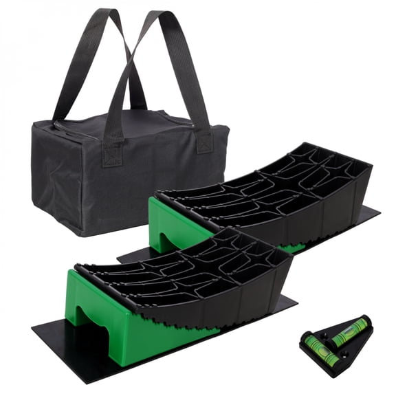 FENGFAN RV Leveling Blocks Kit 8 Piece Curved Wheel Leveler HDPE Black Green with Chocks Rubber Mats Storage Bag 1Pack