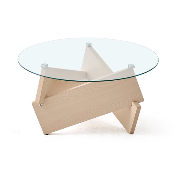 FENGFAN Round Farmhouse Coffee Table Mid-Century Modern Center Table Tempered Glass Top Solid Natural Oak Wood Base 1 Pack