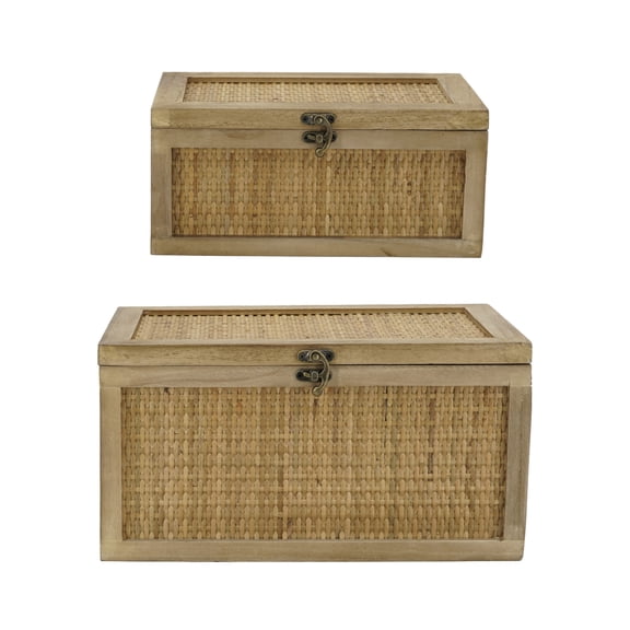 FENGFAN Set of 2 Stackable Rattan Storage Boxes Fir Wood Frame Vintage Metal Latches 2 Pack