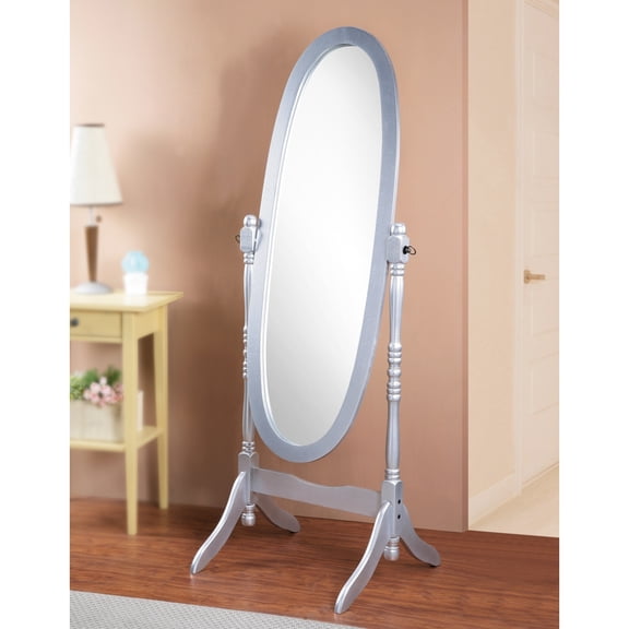 FENGFAN Silver Finish Wood Cheval Mirror, Queen Anna Style Oval Full Body Freestanding Floor Mirror for Home Decor, 1 Pack