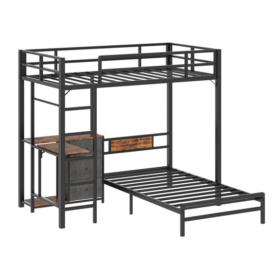 FENGFAN Single Metal Loft Bunk Bed Folding Table RGB LED Charging Station Black 1 Pack