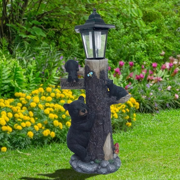 FENGFAN Solar Powered Black Bear Welcome Garden Statue Two Bear Cubs Hand Painted Weather Resistant Resin 19 Inch 1 Pack