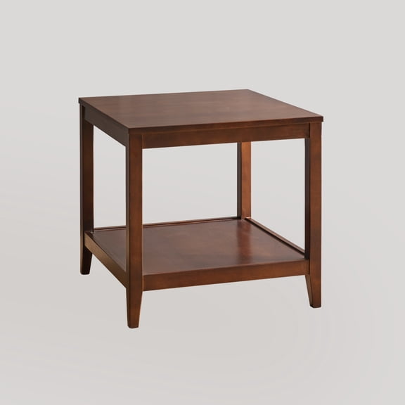 FENGFAN Square Rubber Wood 2-Tier Open Storage End Table Classic Walnut Natural Tone Pedestal Side Nightstand Table 1 Pack