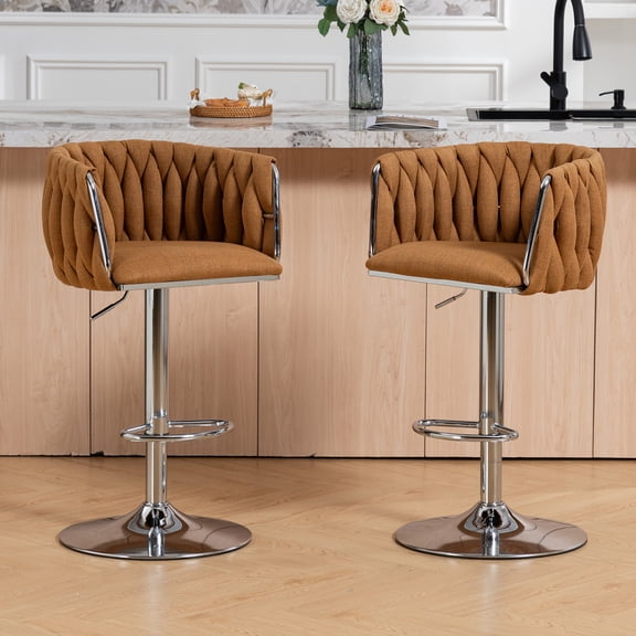 FENGFAN Swivel Bar Stools Set of 2 Caramel Fabric Woven Back Adjustable Counter Height Bar Chairs Silver Chromed Metal Frame With Footrest
