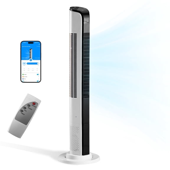 FENGFAN TS-03RW 42 Inch Smart Cylindrical Tower Fan 110V 65W All Copper Motor WiFi APP Remote Control Digital Display Black White Plastic Body 1 Pack